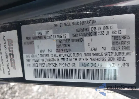 2017 Mazda Mazda6 Touring from USA, damaged, VIN JM1GL1V53H1151906